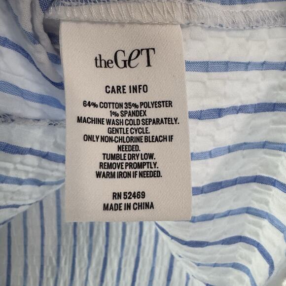 TheGET Top Womens S White Blue Striped Ruffle Button Up Crew Neck Preppy Career - Picture 12 of 12